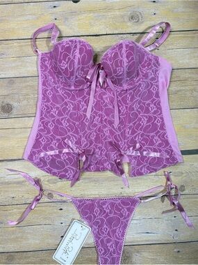 Rene Rofe Pink Lace Bustier Set with Thong